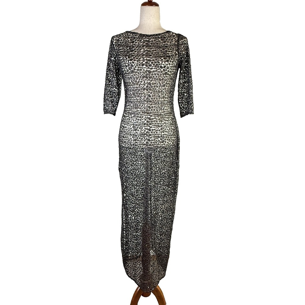 Kay Unger Sheer Long Dress Size 8 Intricate Silhouette Lace Embellished Grey